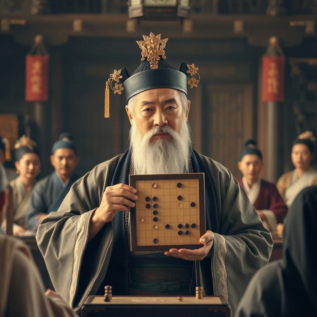 Court hall scene from the historical drama Quanchen de Qipan with a scholar holding a Go piece