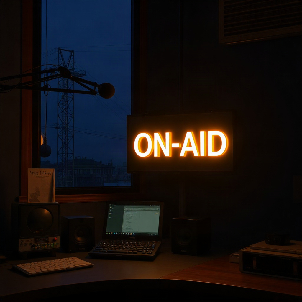 Radio studio at midnight with a glowing on-air sign for the mystery series Wuye Diantai